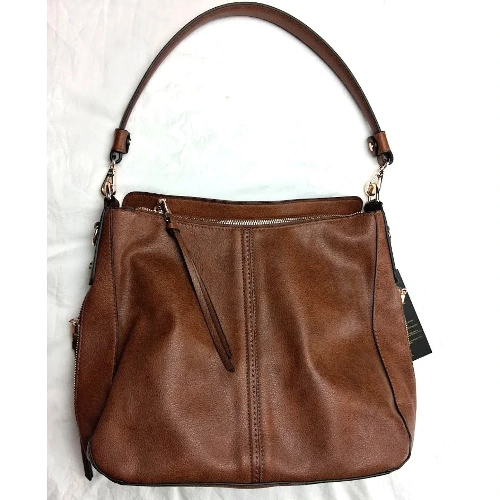 Realer Brown Faux Leather Hobo Shoulder Bag Side Pockets Extra Strap Zip NWT
